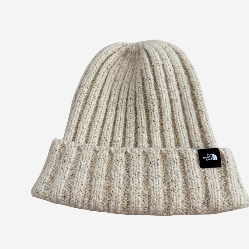 The North Face Beanie Womens One Size Cream Marled Chunky Ribbed Knit Hat EUC